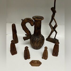 Hand Carved Wooden Pitcher Vase with Hand-Carved Figurines - Dark Brown